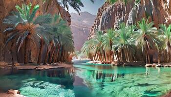 A river in the middle of a desert with palm trees photo
