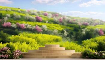 A stage with flowers and trees in the background photo