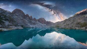 The milky way over a mountain lake with mountains in the background photo