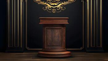 An empty podium with gold trim and ornate pillars photo