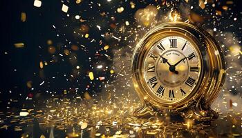 A golden clock with roman numerals on it is surrounded by confetti photo