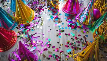 Many colorful party hats and confetti on a table photo