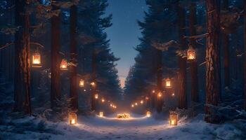 A forest with lanterns in the middle of it photo