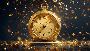 A golden clock with confetti falling around it photo