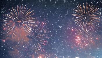 Fireworks in the sky with snow falling photo