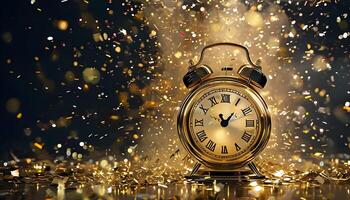 A golden alarm clock with confetti falling around it photo