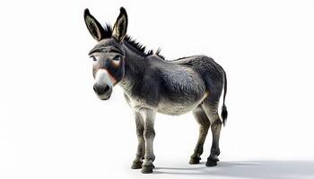 A donkey is standing in front of a white background photo