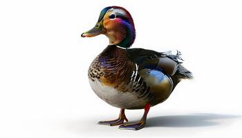 A duck with colorful feathers standing on a white background photo