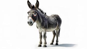 A donkey with big eyes is standing in front of a white background photo