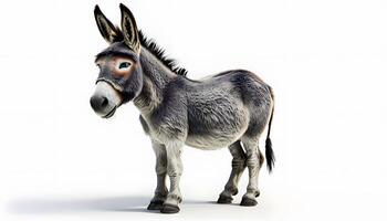 A donkey is standing in front of a white background photo