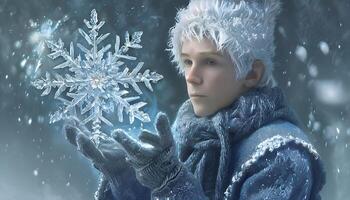 A boy holding a snowflake in his hand photo