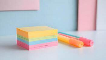 A stack of colorful sticky notes and a pen on a table photo
