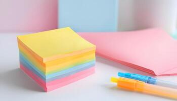 A stack of colorful sticky notes and a pen photo