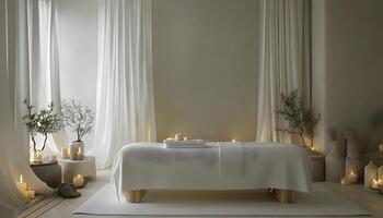 A massage table with candles and white curtains photo