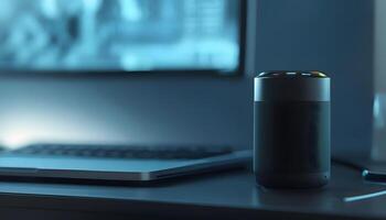 A smart speaker sits on a desk next to a laptop photo
