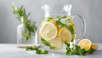 Lemonade in pitcher with mint leaves and lemon slices photo