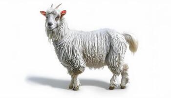 A white goat standing on a white background photo