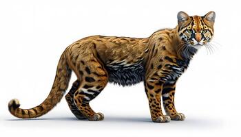 A large cat with a long tail standing on a white background photo