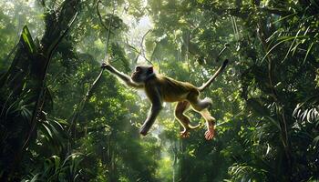 A monkey is flying through the jungle photo