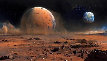Mars and earth in the distance with a planet in the foreground photo