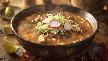 A bowl of soup with radishes and meat photo