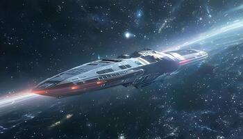 A spaceship in space with stars and planets photo