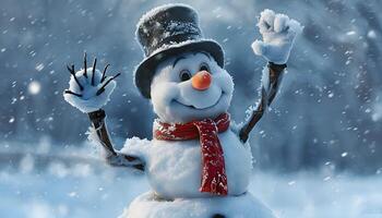 A snowman is waving in the snow photo