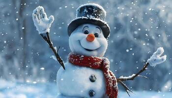 A snowman is waving in the snow photo