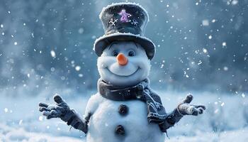 A snowman wearing a top hat and scarf photo