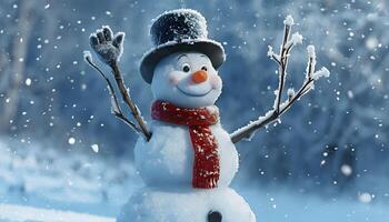 A snowman is standing in the snow with his arms up photo