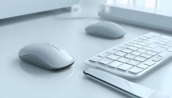 A white desk with a mouse, keyboard and mouse photo