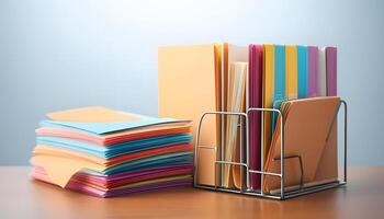 A stack of papers and folders on a desk photo