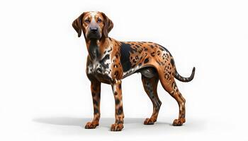 A dog with spots standing on a white background photo