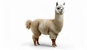 A llama is standing in front of a white background photo