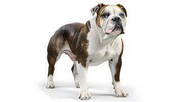 A brown and white dog standing on a white background photo