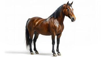 A horse standing in front of a white background photo