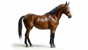 A horse is standing in front of a white background photo