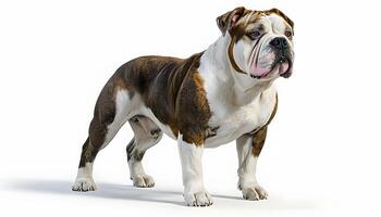 A brown and white bulldog standing on a white background photo