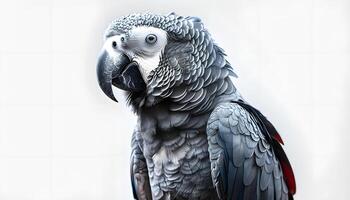 A large grey parrot with a red beak photo