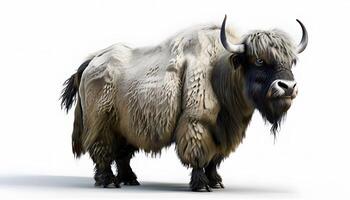 A yak is standing in front of a white background photo