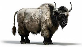 A yak is standing in front of a white background photo