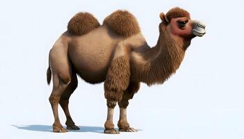 A camel is standing in front of a white background photo