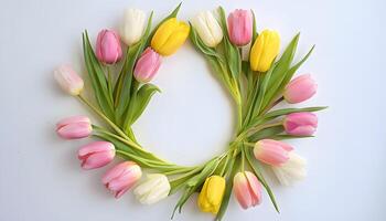 A wreath of pink and yellow tulips is arranged in the shape of a letter photo
