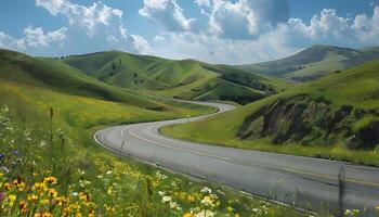 A winding road with yellow lines photo