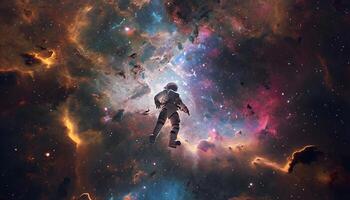 An astronaut standing in space looking at the galaxy photo