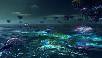A scene of a dark ocean with some floating creatures photo