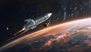 An artist's rendering of a space ship flying over the earth photo