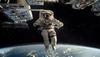 An astronaut floating in space above the earth photo