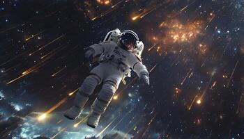An astronaut floating in space with stars and meteors photo