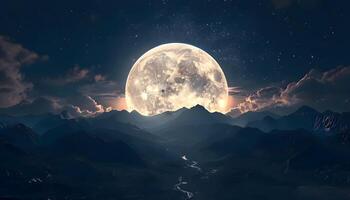 A full moon is seen over a mountain range photo